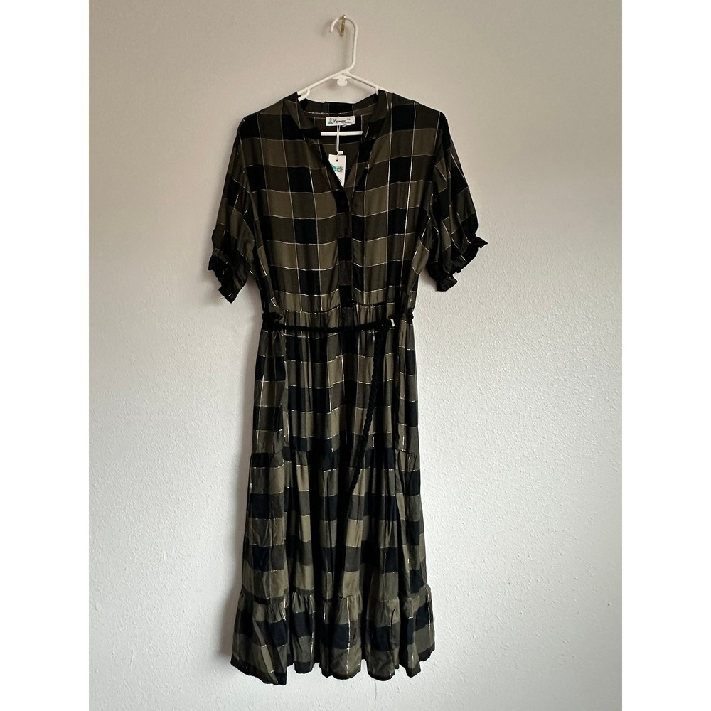 Lapogee Olive Green Black Plaid Tiered Midi Dress With Belt NWT Womens XL